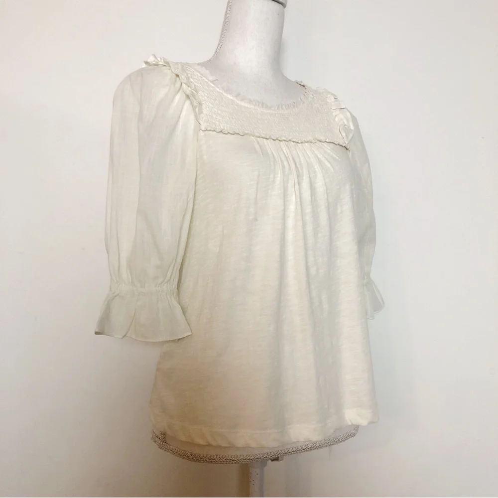NWT By Anthropologie Smocked Puff-Sleeve Knit Top in Ivory Size XS